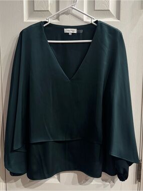 NWT Calvin Klein Dark Teal V-Neck Layered Blouse